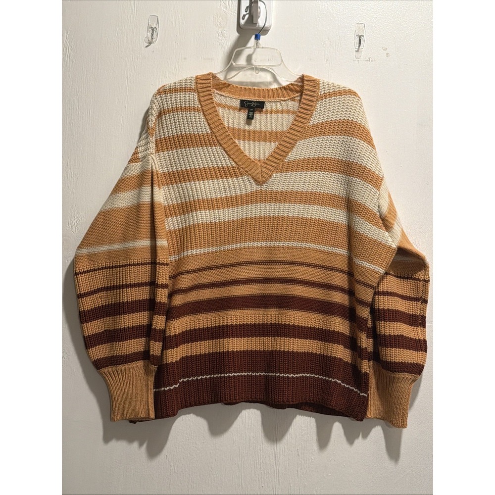 Jessica Simpson Sweater Fall Color Trio Stripes Long Pleat Shoulder Sleeve Sz 2x